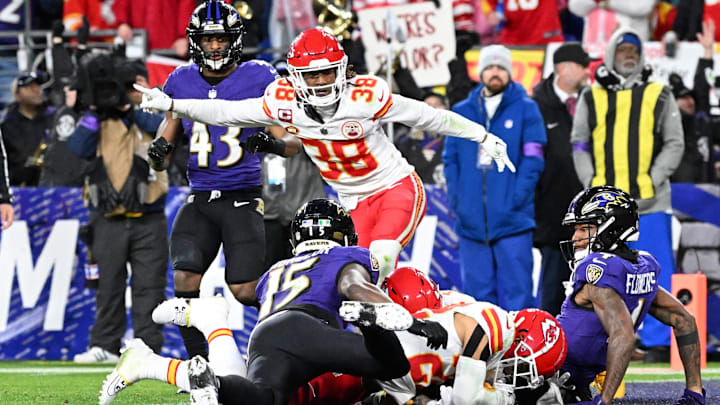 Jan 28, 2024; Baltimore, Maryland, USA; Kansas City Chiefs cornerback L'Jarius Sneed (38) celebrates