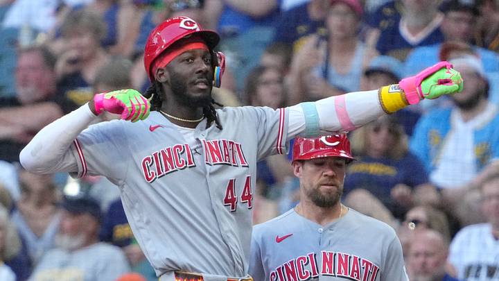 Jul 2, 2026; Milwaukee, Wisconsin, USA; Cincinnati Reds shortstop Elly de la Cruz (44) celebrates getting a base hit in the seventh inning against the Milwaukee Brewers at American Family Field. Mandatory Credit: Michael McLoone-Imagn Images Jul 2, 2026; Milwaukee, Wisconsin, USA; Cincinnati Reds shortstop Elly de la Cruz (44) celebrates getting a base hit in the seventh inning against the Milwaukee Brewers at American Family Field. Mandatory Credit: Michael McLoone-Imagn Images