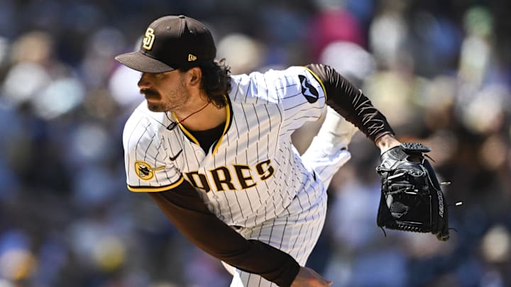 Sep 24, 2025; San Diego, California, USA; San Diego Padres starting pitcher Dylan Cease (84) delivers during the second inning against the Milwaukee Brewers at Petco Park. Mandatory Credit: Denis Poroy-Imagn Images
