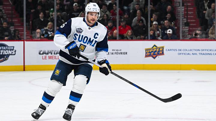 Feb 13, 2025; Montreal, Quebec, CAN; [Imagn Images direct customers only] Team Finland forward Aleksander Barkov (16) skates against Team USA in the first period during a 4 Nations Face-Off ice hockey game at Bell Centre. Mandatory Credit: David Kirouac-Imagn Images