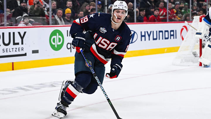 Feb 13, 2025; Montreal, Quebec, CAN; [Imagn Images direct customers only] Team USA forward Matthew Tkachuk (19) skates against Team Finland in the third period during a 4 Nations Face-Off ice hockey game at Bell Centre. Mandatory Credit: David Kirouac-Imagn Images