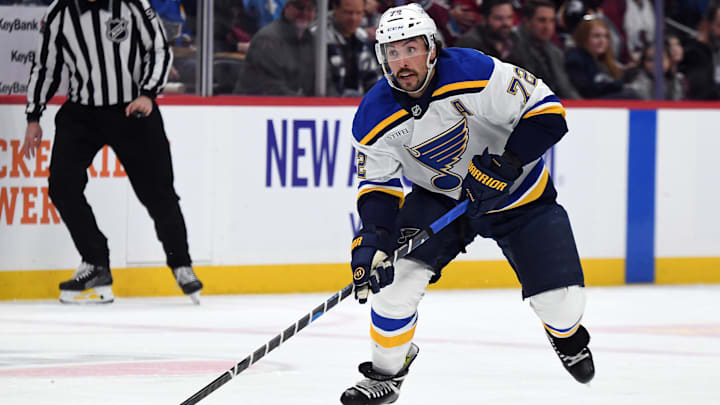 Jan 31, 2025; Denver, Colorado, USA; St. Louis Blues defenseman Justin Faulk (72) skates with the puck during the first period against the Colorado Avalanche at Ball Arena. Mandatory Credit: Christopher Hanewinckel-Imagn Images