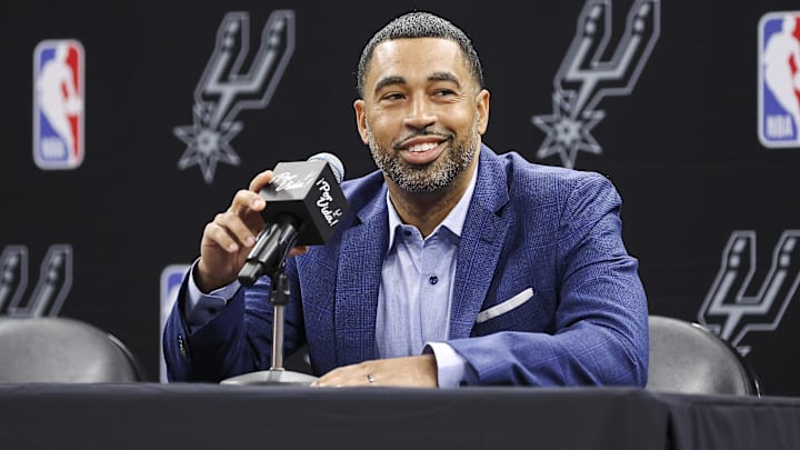 Jun 24, 2023; San Antonio, TX, USA; San Antonio Spurs general manager Brian Wright speaks at a press conference at AT&T Center. Mandatory Credit: Troy Taormina-Imagn Images