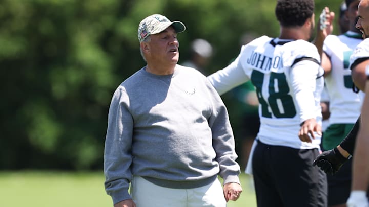 May 30, 2024; Philadelphia, PA, USA; Philadelphia Eagles defensive coordinator Vic Fangio during practice at NovaCare Complex. Mandatory Credit: Bill Streicher-Imagn Images