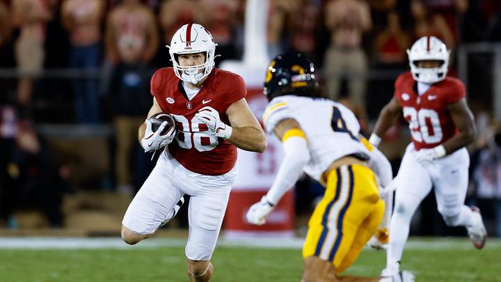 Nov 22, 2025; Stanford, California, USA; Stanford Cardinal tight end Benji Blackburn (88) runs with the ball after a catch against the California Golden Bears during the second quarter at Stanford Stadium. Mandatory Credit: Sergio Estrada-Imagn Images