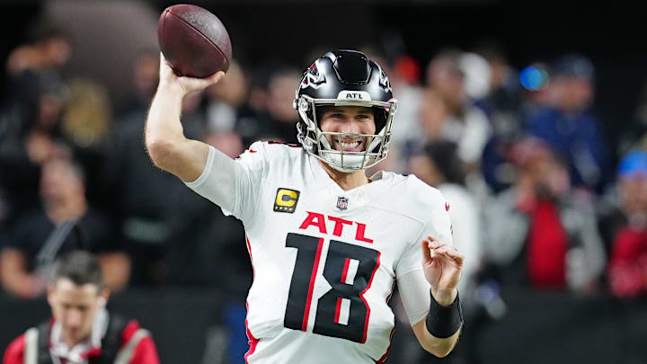 Dec 16, 2024; Paradise, Nevada, USA; Atlanta Falcons quarterback Kirk Cousins (18) warms up before a game against the Las Vegas Raiders at Allegiant Stadium. Mandatory Credit: Stephen R. Sylvanie-Imagn Images Dec 16, 2024; Paradise, Nevada, USA; Atlanta Falcons quarterback Kirk Cousins (18) warms up before a game against the Las Vegas Raiders at Allegiant Stadium. Mandatory Credit: Stephen R. Sylvanie-Imagn Images