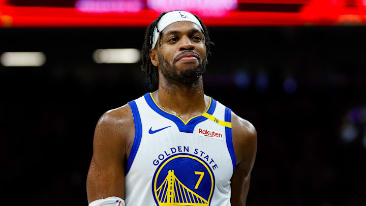 Jan 22, 2025; Sacramento, California, USA; Golden State Warriors guard Buddy Hield (7) smiles during the fourth quarter against the Sacramento Kings at Golden 1 Center. Mandatory Credit: Sergio Estrada-Imagn Images