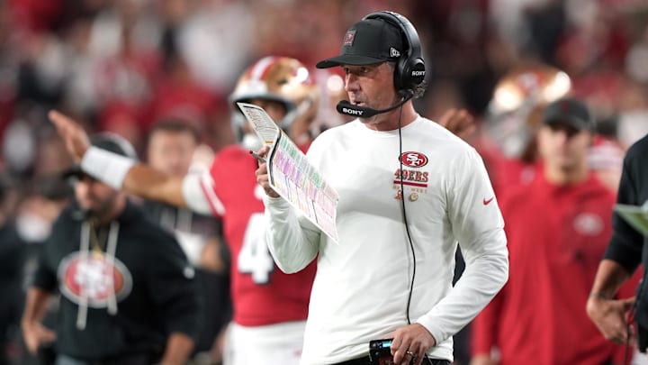 Oct 19, 2025; Santa Clara, California, USA; San Francisco 49ers head coach Kyle Shanahan during the fourth quarter against the Atlanta Falcons at Levi's Stadium. Mandatory Credit: Darren Yamashita-Imagn Images