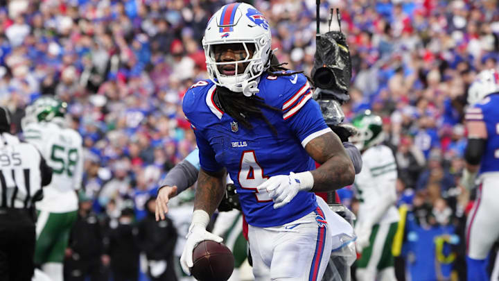Buffalo Bills running back James Cook reacts to scoring a touchdown against the New York Jets.