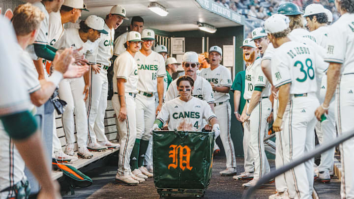 The Miami Hurricanes Baseball team celebrating a victory against Notre Dame The Miami Hurricanes Baseball team celebrating a victory against Notre Dame