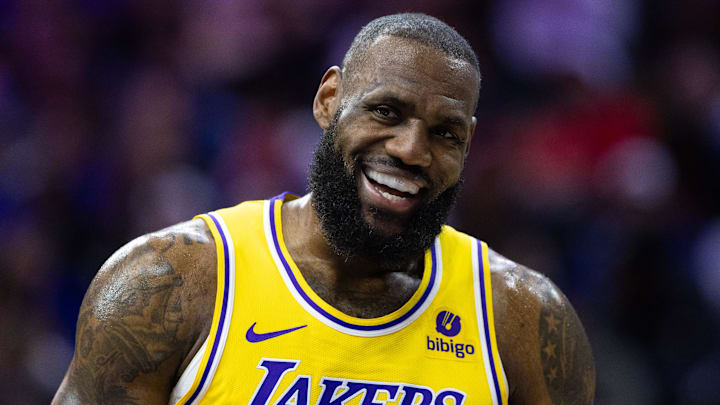 Nov 27, 2023; Philadelphia, Pennsylvania, USA; Los Angeles Lakers forward LeBron James (23) smiles after a Philadelphia 76ers foul during the first quarter at Wells Fargo Center. Mandatory Credit: Bill Streicher-Imagn Images Nov 27, 2023; Philadelphia, Pennsylvania, USA; Los Angeles Lakers forward LeBron James (23) smiles after a Philadelphia 76ers foul during the first quarter at Wells Fargo Center. Mandatory Credit: Bill Streicher-Imagn Images