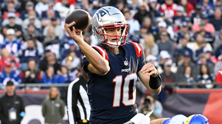 Nov 17, 2024; Foxborough, Massachusetts, USA; New England Patriots quarterback Drake Maye (10) throws a pass during the second half against the Los Angeles Rams at Gillette Stadium. Nov 17, 2024; Foxborough, Massachusetts, USA; New England Patriots quarterback Drake Maye (10) throws a pass during the second half against the Los Angeles Rams at Gillette Stadium.
