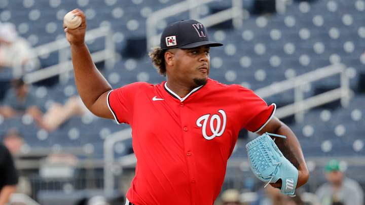Feb 22, 2025; West Palm Beach, Florida, USA; Right hand pitcher Jarlin Susana throws a pitch in the sixth inning against the Houston Astros at CACTI Park of the Palm Beaches. Mandatory Credit: Reinhold Matay-Imagn Images