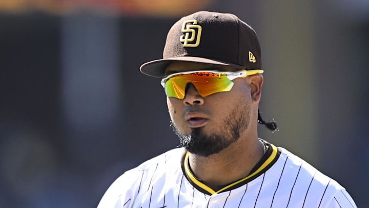 Apr 30, 2025; San Diego, California, USA; San Diego Padres first baseman Luis Arraez (4) comes off the field during the seventh inning against the San Francisco Giants at Petco Park. Mandatory Credit: Denis Poroy-Imagn Images