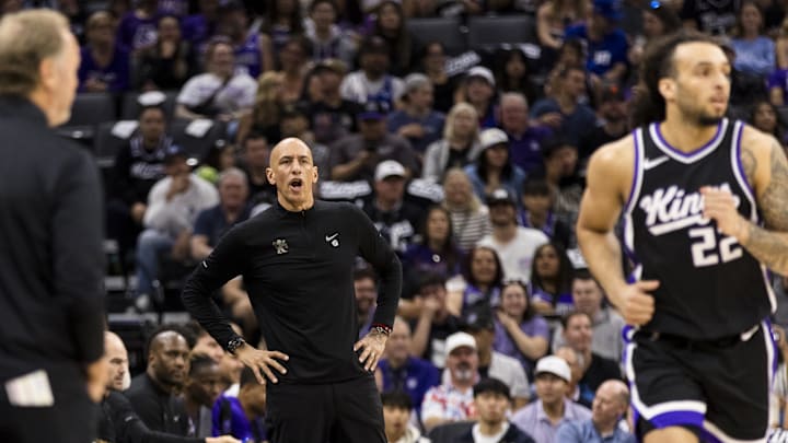 Apr 13, 2025; Sacramento, California, USA; Sacramento Kings interim head coach Doug Christie yells during the first quarter against the Phoenix Suns at Golden 1 Center. Mandatory Credit: John Hefti-Imagn Images Apr 13, 2025; Sacramento, California, USA; Sacramento Kings interim head coach Doug Christie yells during the first quarter against the Phoenix Suns at Golden 1 Center. Mandatory Credit: John Hefti-Imagn Images