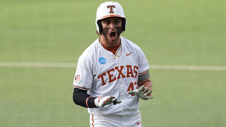 Texas Longhorns outfielder Aiden Robbins celebrates after drawing a walk against the Ducks in the Austin Super Regional. Texas Longhorns outfielder Aiden Robbins celebrates after drawing a walk against the Ducks in the Austin Super Regional.