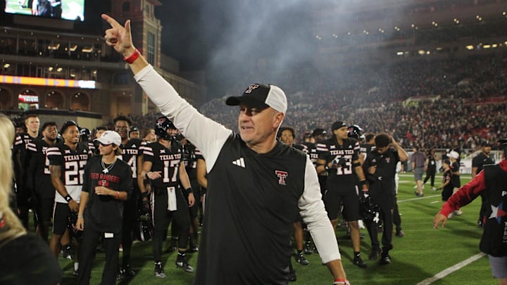 Sep 28, 2024; Lubbock, Texas, USA;  Texas Tech Red Raiders head coach Joey McGuire after the game against the Cincinnati Bearcats at Jones AT&T Stadium and Cody Campbell Field. Mandatory Credit: Michael C. Johnson-Imagn Images