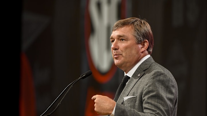 Jul 18, 2023; Nashville, TN, USA;  Georgia Bulldogs head coach Kirby Smart speaks with the media during SEC Media Days at Grand Hyatt. Mandatory Credit: Steve Roberts-Imagn Images