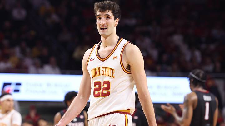Feb 28, 2026; Ames, Iowa, USA; Iowa State Cyclones forward Milan Momcilovic (22) watches the time tick down in their loss to the Texas Tech Red Raiders during the second half at James H. Hilton Coliseum.