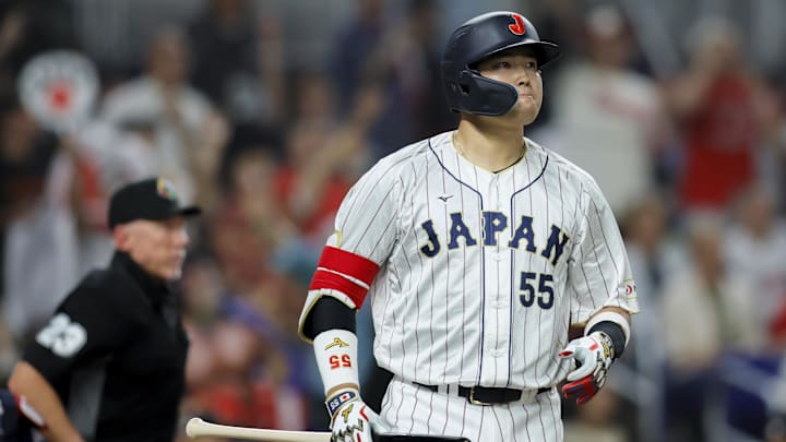 Mar 21, 2023; Miami, Florida, USA; Japan third baseman Munetaka Murakami (55) looks on after hitting a home run during the second inning against USA at LoanDepot Park. Mandatory Credit: Sam Navarro-Imagn Images Mar 21, 2023; Miami, Florida, USA; Japan third baseman Munetaka Murakami (55) looks on after hitting a home run during the second inning against USA at LoanDepot Park. Mandatory Credit: Sam Navarro-Imagn Images