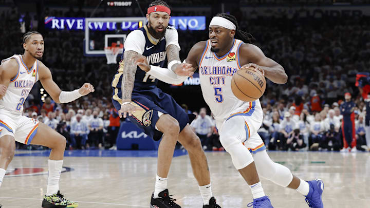 Apr 21, 2024; Oklahoma City, Oklahoma, USA; Oklahoma City Thunder guard Luguentz Dort (5) drives