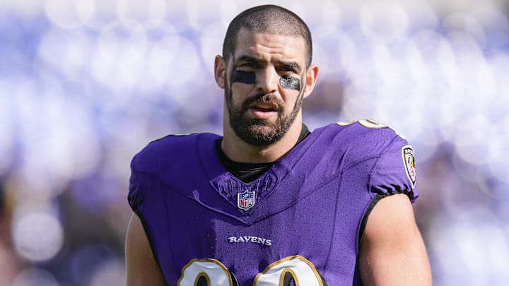 Nov 12, 2023; Baltimore, Maryland, USA;  Baltimore Ravens tight end Mark Andrews (89) looks on before a game against the Cleveland Browns at M&T Bank Stadium. Mandatory Credit: Jessica Rapfogel-Imagn Images