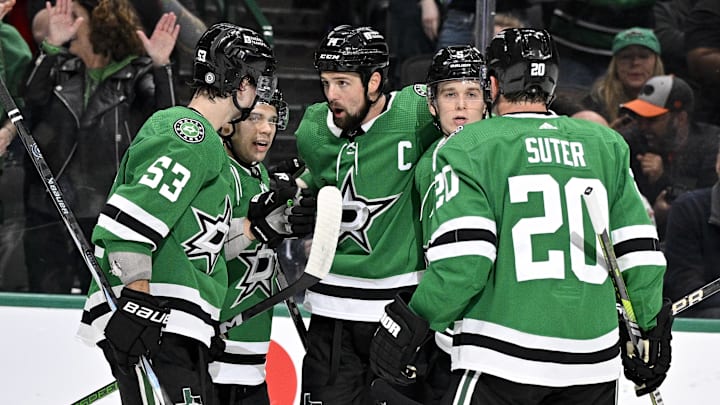 Mar 20, 2024; Dallas, Texas, USA; Dallas Stars center Wyatt Johnston (53) and center Logan Stankoven