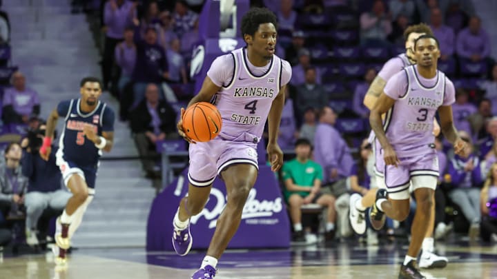 Kansas State guard Mobi Ikegwuruka brings the ball up court during a recent game.