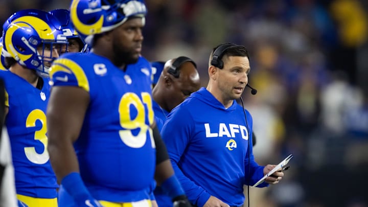Jan 13, 2025; Glendale, AZ, USA; Los Angeles Rams defensive coordinator Chris Shula against the Minnesota Vikings during an NFC wild card game at State Farm Stadium. Mandatory Credit: Mark J. Rebilas-Imagn Images