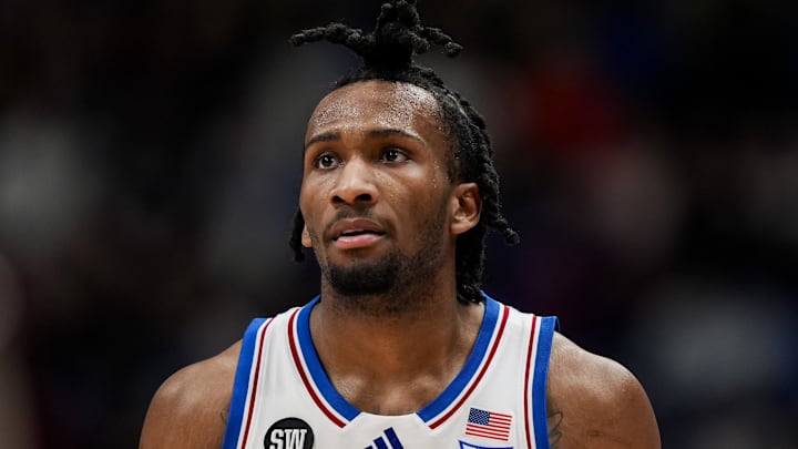 Jan 24, 2026; Columbia, Missouri, USA; Kansas Jayhawks guard Darryn Peterson (22) reacts during the first half against the BYU Cougars at Mizzou Arena. Mandatory Credit: Jay Biggerstaff-Imagn Images