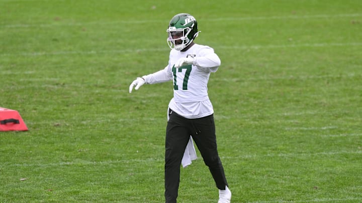 Jun 10, 2025; East Rutherford, NJ, USA; New York Jets cornerback Kris Boyd (17) participates in a drill during minicamp at Atlantic Health Jets Training Center. Mandatory Credit: John Jones-Imagn Images
