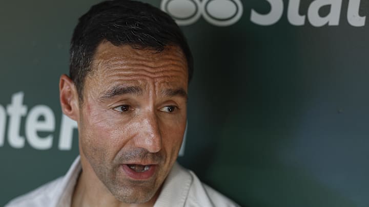 Jul 3, 2025: Cleveland Guardians president of baseball operations Chris Antonetti speaks before a baseball game between the Chicago Cubs and Cleveland Guardians at Wrigley Field. 