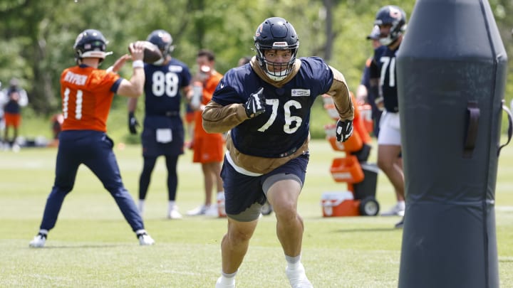 Teven Jenkins attempts to execute a block at Bears minicamp. The Bears offensive line is ranked 28th by Pro Football Focus. Teven Jenkins attempts to execute a block at Bears minicamp. The Bears offensive line is ranked 28th by Pro Football Focus.
