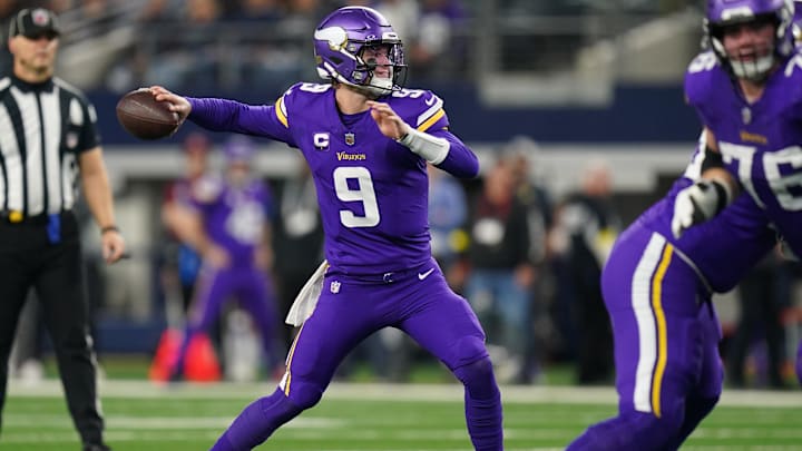Dec 14, 2025; Arlington, Texas, USA; Minnesota Vikings quarterback J.J. McCarthy (9) throws during the first half against the Dallas Cowboys at AT&T Stadium. Mandatory Credit: Raymond Carlin III-Imagn Images Dec 14, 2025; Arlington, Texas, USA; Minnesota Vikings quarterback J.J. McCarthy (9) throws during the first half against the Dallas Cowboys at AT&T Stadium. Mandatory Credit: Raymond Carlin III-Imagn Images