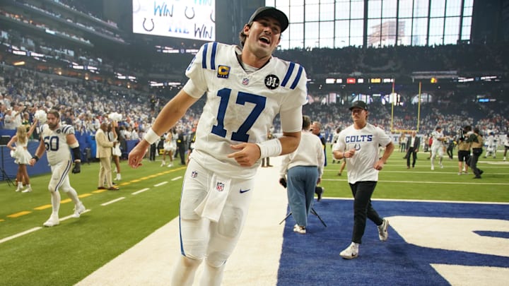 Sep 14, 2025; Indianapolis, Indiana, USA; Indianapolis Colts quarterback Daniel Jones (17) celebrates the win against the Denver Broncos at Lucas Oil Stadium. Mandatory Credit: Robert Goddin-Imagn Images
