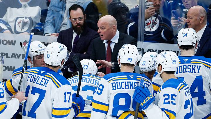 Jan 20, 2026; Winnipeg, Manitoba, CAN; St. Louis Blues coach Jim Montgomery strategizes against the Winnipeg Jets during the third period at Canada Life Centre. Mandatory Credit: Terrence Lee-Imagn Images