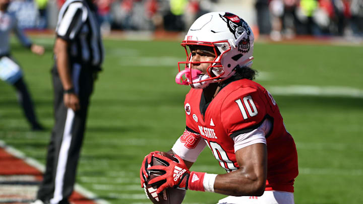 Oct 28, 2023; Raleigh, North Carolina, USA; North Carolina State Wolfpack receiver KC Concepcion (10) reacts after scoring a touchdown during the first half against the Clemson Tigers at Carter-Finley Stadium. Mandatory Credit: Rob Kinnan-Imagn Images Oct 28, 2023; Raleigh, North Carolina, USA; North Carolina State Wolfpack receiver KC Concepcion (10) reacts after scoring a touchdown during the first half against the Clemson Tigers at Carter-Finley Stadium. Mandatory Credit: Rob Kinnan-Imagn Images