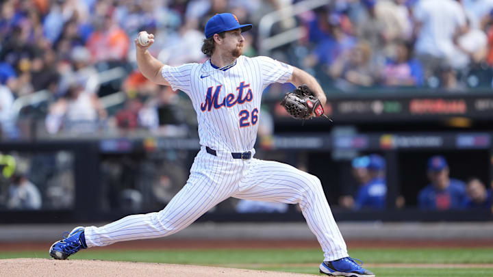 Sep 14, 2025; New York City, New York, USA; New York Mets pitcher Nolan McLean (26) delivers a pitch against the Texas Rangers during the first inning at Citi Field. Mandatory Credit: Gregory Fisher-Imagn Images
