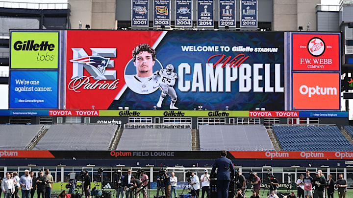 Apr 25, 2025; Foxborough, MA, USA; New England Patriots first round draft pick Will Campbell address media during a press conference on the game field at Gillette Stadium.  Mandatory Credit: Eric Canha-Imagn Images