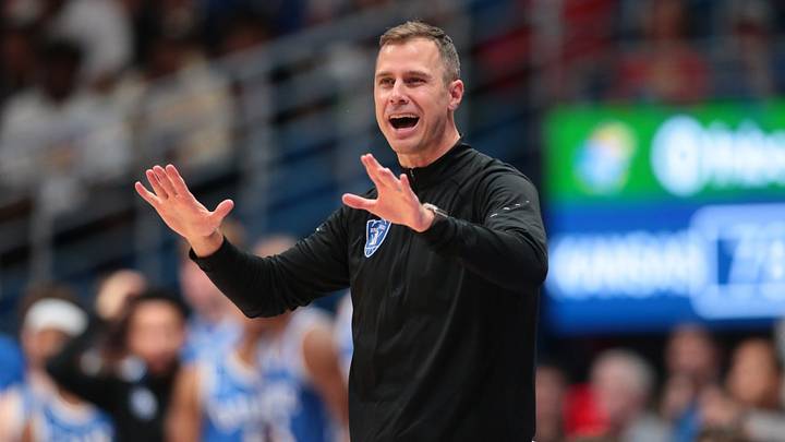 Duke Blue Devils head coach Jon Scheyer makes adjustments against Kansas Jayhawks during the exhibition game inside Allen Fieldhouse in Lawrence, Kansas on Oct. 25, 2026.