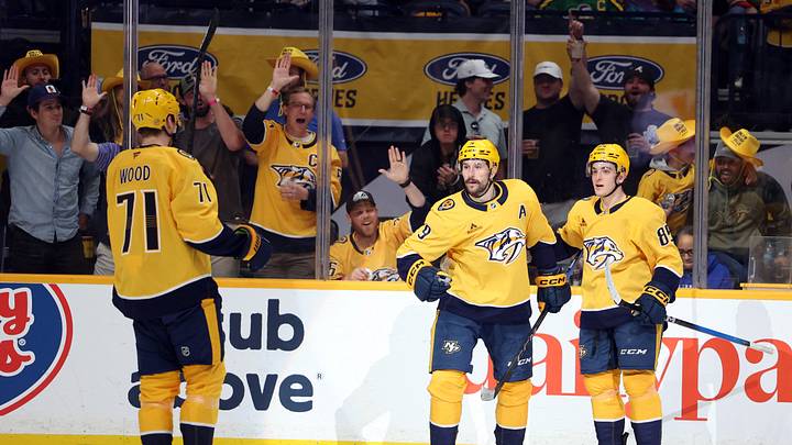 Apr 16, 2026; Nashville, Tennessee, USA; Nashville Predators celebrate a goal scored by Nashville Predators left wing Filip Forsberg (9) during the second period of their game at Bridgestone Arena. Mandatory Credit: Alan Poizner-Imagn Images
