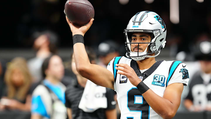 Sep 22, 2024; Paradise, Nevada, USA; Carolina Panthers quarterback Bryce Young (9) warms up before a game against the Las Vegas Raiders at Allegiant Stadium. Mandatory Credit: Stephen R. Sylvanie-Imagn Images