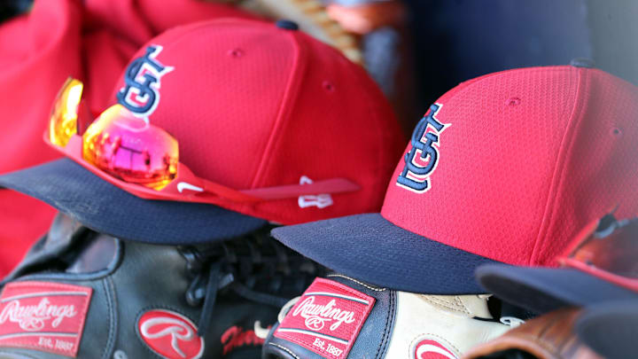 Mar 6, 2019; Tampa, FL, USA; St. Louis Cardinals hat and gloves lay in the dugout at George M. Steinbrenner Field. Mandatory Credit: Kim Klement-Imagn Images Mar 6, 2019; Tampa, FL, USA; St. Louis Cardinals hat and gloves lay in the dugout at George M. Steinbrenner Field. Mandatory Credit: Kim Klement-Imagn Images