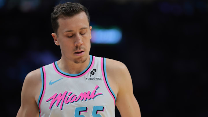 Jan 27, 2025; Miami, Florida, USA; Miami Heat forward Duncan Robinson (55) reacts against the Orlando Magic during the second quarter at Kaseya Center. Mandatory Credit: Sam Navarro-Imagn Images Jan 27, 2025; Miami, Florida, USA; Miami Heat forward Duncan Robinson (55) reacts against the Orlando Magic during the second quarter at Kaseya Center. Mandatory Credit: Sam Navarro-Imagn Images