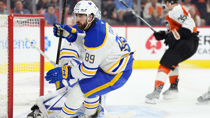 Mar 29, 2025; Philadelphia, Pennsylvania, USA; Buffalo Sabres right wing Alex Tuch (89) in action against the Philadelphia Flyers in the second period at Wells Fargo Center. Mandatory Credit: Kyle Ross-Imagn Images