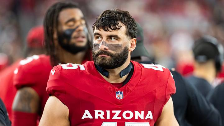Nov 23, 2025; Glendale, Arizona, USA; Arizona Cardinals tight end Josiah Deguara (45) against the Jacksonville Jaguars at State Farm Stadium. Mandatory Credit: Mark J. Rebilas-Imagn Images