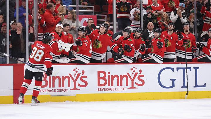 Feb 2, 2026; Chicago, Illinois, USA; Chicago Blackhawks center Connor Bedard (98) celebrates with teammates after a first-period goal against the San Jose Sharks at United Center. Mandatory Credit: Talia Sprague-Imagn Images