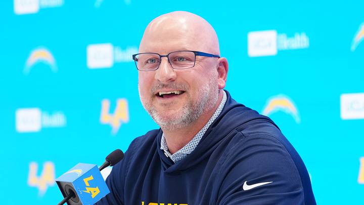 Apr 16, 2026; El Segundo, CA, USA; Los Angeles Chargers general manager Joe Hortiz speaks at press conference at The Bolt. Mandatory Credit: Kirby Lee-Imagn Images
