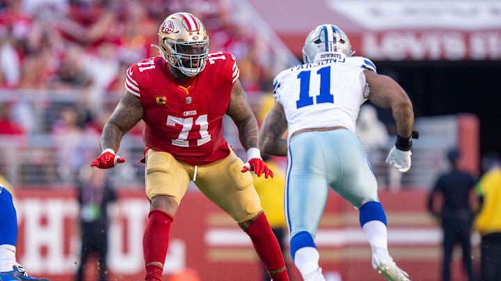 October 8, 2023; Santa Clara, California, USA; San Francisco 49ers offensive tackle Trent Williams (71) blocks Dallas Cowboys linebacker Micah Parsons (11) during the first quarter at Levi's Stadium. Mandatory Credit: Kyle Terada-Imagn Images