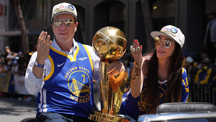 Jun 20, 2022; San Francisco, CA, USA; Golden State Warriors owner Joe Lacob (left) and wife Nicole